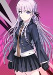  1girl abstract_background bangs black_gloves black_jacket black_ribbon black_skirt blazer blunt_bangs braid buttons clenched_hands closed_mouth commentary_request cowboy_shot dangan_ronpa dangan_ronpa_1 expressionless eyebrows_visible_through_hair gloves hair_ribbon highres jacket kirigiri_kyouko long_hair long_sleeves looking_at_viewer miniskirt necktie open_clothes open_jacket pale_skin pink_hair pleated_skirt red_neckwear ribbon shiny shiny_hair shirt side_braid sidelocks skirt solo straight_hair studded_gloves tsurui very_long_hair violet_eyes white_shirt wing_collar zipper 