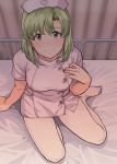  1girl arm_support bed bed_sheet breasts brown_eyes buttons closed_mouth commentary_request eyebrows_visible_through_hair green_hair hand_on_own_chest hat heart highres hospital_bed idolmaster idolmaster_(classic) idolmaster_stella_stage indoors looking_at_viewer looking_up medium_breasts mole mole_under_eye nail_polish no_shoes nurse nurse_cap on_bed pantyhose pink_nails shiika_(idolmaster) short_hair short_sleeves sitting smile solo tsurui white_legwear 