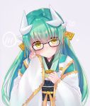  1girl adjusting_eyewear aqua_hair bespectacled black-framed_eyewear blush closed_mouth commentary_request d: dragon_horns eyebrows_visible_through_hair fate/grand_order fate_(series) glasses grey_background hair_ornament hand_on_own_chest hand_up head_tilt heart horns japanese_clothes kimono kiyohime_(fate/grand_order) long_hair long_sleeves looking_at_viewer nanahachi obi open_mouth ribbon sash shiny shiny_hair simple_background smile solo spoken_blush upper_body very_long_hair white_kimono wide_sleeves yellow_eyes yellow_ribbon 
