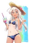  1girl ahoge bangs bikini blue_eyes blush cowboy_shot cup drinking_straw eyebrows_visible_through_hair flower hair_between_eyes hair_flower hair_ornament hat highres holding kantai_collection long_hair looking_at_viewer moupii_(hitsuji_no_ki) navel one-piece_tan open_mouth polka_dot polka_dot_bikini ro-500_(kantai_collection) simple_background smile solo standing straw_hat string_bikini swimsuit tan tanline white_hair 