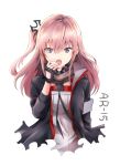  1girl :o bangs black_gloves black_jacket blue_eyes blush character_name dress eyebrows_visible_through_hair fingernails girls_frontline gloves hair_between_eyes hair_ornament jacket long_hair long_sleeves looking_at_viewer melynx_(user_aot2846) one_side_up open_mouth pink_hair round_teeth simple_background solo st_ar-15_(girls_frontline) teeth upper_teeth white_background white_dress 