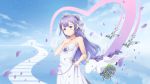  1girl aircraft airplane alicorn animal azur_lane bare_arms bare_shoulders blue_sky blurry blurry_foreground blush bouquet breasts bridal_veil cleavage closed_mouth clouds commentary day depth_of_field dress english_commentary fingernails flower flying hair_bun hand_on_own_chest hand_up head_tilt heart highres intelman jewelry long_hair medium_breasts necklace one_side_up outdoors petals purple_flower purple_hair purple_rose ring rose see-through side_bun sky smile solo strapless strapless_dress tiara unicorn_(azur_lane) veil very_long_hair violet_eyes wedding_band white_dress 