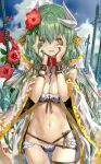  1girl bangs bikini blush chains choker collar commentary_request cowboy_shot dog_collar eyebrows_visible_through_hair fate/grand_order fate_(series) flower gluteal_fold green_eyes green_hair groin hands_on_own_cheeks hands_on_own_face happy hibiscus kiyohime_(fate/grand_order) kiyohime_(swimsuit_lancer)_(fate) long_hair looking_at_viewer navel polearm ribbon shino_(eefy) sky solo standing swimsuit thigh_gap thigh_strap thighs water weapon wet yellow_eyes 