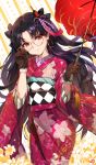  1girl absurdres alternate_costume blonde_hair brown_gloves commentary_request earrings fate/grand_order fate/stay_night fate_(series) floral_print flower glasses gloves hair_ornament highres ishtar_(fate/grand_order) japanese_clothes jewelry kimono long_hair looking_at_viewer red_eyes solo tohsaka_rin twintails yang-do 