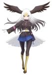  1girl bald_eagle_(kemono_friends) baweng_satanic_leaf_gecko_(kemono_friends) belt bird_tail black_jacket black_legwear blonde_hair blue_skirt boots eyebrows_visible_through_hair full_body gloves gradient_hair grey_hair hair_between_eyes head_wings ise_(0425) jacket kemono_friends knee_boots long_hair long_sleeves looking_at_viewer multicolored_hair outstretched_arm pantyhose pleated_skirt simple_background skirt smile solo spread_wings standing v-shaped_eyebrows white_background white_gloves white_hair yellow_eyes yellow_footwear 