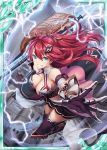  1girl akkijin aqua_eyes armor axe bare_shoulders bolt breasts card_(medium) castle dress hair_ornament holding holding_weapon large_breasts lightning looking_at_viewer official_art outdoors pink_dress redhead shinkai_no_valkyrie storm storm_cloud thigh-highs weapon 