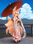 1girl :3 :d ahoge animal_ears bangs blonde_hair blue_sky blush clouds day eyebrows_visible_through_hair fang floral_print fox_ears fox_tail full_body hachachi hair_between_eyes highres japanese_clothes kimono lake long_hair long_sleeves looking_at_viewer mountain multiple_tails obi open_mouth orange_eyes oriental_umbrella original outdoors platform_clogs sash sky smile solo standing tail umbrella very_long_hair wide_sleeves 