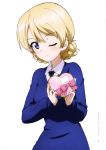  1girl ;d absurdres black_neckwear blonde_hair blue_eyes blue_sweater blush box copyright_name darjeeling eyebrows_visible_through_hair gift gift_box girls_und_panzer hair_between_eyes heart-shaped_box highres holding holding_box looking_at_viewer necktie official_art one_eye_closed open_mouth page_number shirt short_hair simon smile solo st._gloriana&#039;s_school_uniform sweater tied_hair upper_body valentine white_background white_shirt yoshida_nobuyoshi 