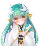  1girl aqua_hair blush closed_mouth commentary_request d: dragon_horns eyebrows_visible_through_hair fate/grand_order fate_(series) hair_ornament hand_on_own_chest hand_up head_tilt horns japanese_clothes kimono kiyohime_(fate/grand_order) long_hair long_sleeves looking_at_viewer nanahachi obi open_mouth ribbon sash shiny shiny_hair simple_background smile solo upper_body very_long_hair white_background white_kimono wide_sleeves yellow_eyes yellow_ribbon 