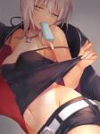  artoria_pendragon_(all) artoria_pendragon_(swimsuit_rider_alter) bangs bare_shoulders belt_buckle black_camisole black_jacket black_ribbon black_shorts blonde_hair breasts buckle cleavage clothes_down collarbone cosplay eating fate/grand_order fate_(series) fingernails food grey_background groin highres ice_cream jacket jewelry looking_at_viewer medium_breasts midriff navel necklace no_bra open_clothes open_jacket popsicle ribbon saber_alter saber_alter_(cosplay) shorts simple_background tan tanline vivivivi wet white_belt yellow_eyes 