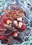  1girl akkijin armor axe bare_shoulders blue_eyes bolt breasts brown_hair card_(medium) castle dress hair_ornament holding holding_weapon large_breasts lightning looking_at_viewer official_art outdoors red_dress shinkai_no_valkyrie storm storm_cloud thigh-highs weapon 