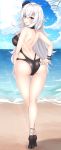  1girl adjusting_clothes adjusting_swimsuit ass azur_lane back bangs beach black_flower black_footwear black_rose black_swimsuit breasts cleavage crossed_legs dated day eyebrows_visible_through_hair flower from_behind full_body graf_zeppelin_(azur_lane) hair_between_eyes hair_flower hair_ornament high_heels highres large_breasts legs_crossed light_rays long_hair looking_at_viewer looking_back messy_hair ocean one-piece_swimsuit outdoors parted_lips rose sand shoulder_blades sidelocks signature silver_hair skindentation solo sunlight swimsuit thighs twisted_torso twitter_username unel very_long_hair violet_eyes watson_cross wrist_straps 
