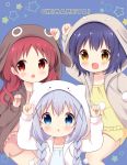  3girls :d animal_ears animal_hood anko_(gochiusa) arm_up arms_up bangs blue_background blue_eyes blue_hair blue_shirt blush braid brown_eyes brown_jacket bunny_hood character_hood chatsune_(white_lolita) chimame-tai collarbone commentary_request ears_down eyebrows_visible_through_hair fang gochuumon_wa_usagi_desu_ka? hair_between_eyes hair_ornament hood hood_up hooded_jacket jacket jouga_maya kafuu_chino long_hair long_sleeves low_twintails multiple_girls natsu_megumi open_clothes open_jacket open_mouth parted_lips pink_shirt pink_shorts pom_pom_(clothes) rabbit_ears red_eyes redhead shirt short_shorts shorts simple_background sleeves_past_wrists smile star tippy_(gochiusa) twin_braids twintails white_jacket wild_geese x_hair_ornament yellow_shirt yellow_shorts 