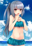  1girl bangs bare_arms bare_shoulders bikini bikini_skirt black_ribbon blue_bikini blue_sky blunt_bangs blush brown_hair clouds collarbone commentary_request day eyebrows_visible_through_hair fang fingernails groin hair_ribbon hands_up horizon kantai_collection kasumi_(kantai_collection) long_hair looking_at_viewer mofu_namako navel ocean open_mouth outdoors ribbon side_ponytail sidelocks silver_hair sky solo swimsuit tentacle v-shaped_eyebrows very_long_hair water wet 