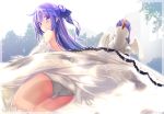  1girl :o artist_name ass azur_lane bangs bare_shoulders black_ribbon blush commentary_request dress elbow_gloves eyebrows_visible_through_hair gloves hair_between_eyes hair_bun hair_ribbon highres long_hair looking_at_viewer looking_back one_side_up panties parted_lips purple_hair ribbon see-through shoulder_blades side_bun sleeveless sleeveless_dress solo stuffed_animal stuffed_pegasus stuffed_toy stuffed_unicorn thigh-highs underwear unicorn_(azur_lane) usume_shirou very_long_hair violet_eyes white_dress white_gloves white_legwear white_panties 