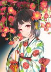  1girl bow brown_hair closed_mouth collarbone commentary_request fingernails flower hair_bow hair_flower hair_ornament head_tilt highres holding holding_flower japanese_clothes juna kimono kinchaku long_hair long_sleeves looking_at_viewer obi original pouch print_kimono red_bow red_eyes sash smile solo white_kimono wide_sleeves 