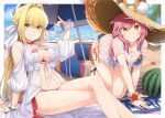  2girls ahoge all_fours animal_ear_fluff animal_ears beach_umbrella bead_bracelet beads bikini bikini_under_clothes blue_bikini bracelet breasts cleavage collarbone criss-cross_halter day earrings ears_through_headwear fate/grand_order fate_(series) food fox_ears fox_tail fruit green_eyes groin ha-ru halterneck hat innertube jewelry large_breasts multiple_girls nature navel nero_claudius_(fate)_(all) nero_claudius_(swimsuit_caster)_(fate) ocean outdoors parasol pink_hair red_bikini shirt side-tie_bikini straw_hat striped striped_bikini swimsuit tail tamamo_(fate)_(all) tamamo_no_mae_(swimsuit_lancer)_(fate) towel umbrella water watermelon wet wet_clothes wet_shirt wet_t-shirt yellow_eyes 