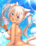  1girl animal_ears ass bangs bikini blue_eyes blue_sky blush bottomless breasts cat_ears cat_tail clouds commentary_request dark_skin day eyebrows_visible_through_hair facial_mark final_fantasy final_fantasy_xiv from_side hair_between_eyes large_breasts long_hair looking_at_viewer miqo&#039;te mutsuba_fumi nail_polish open_mouth outdoors skindentation sky solo standing swimsuit tail tan tanline twintails whisker_markings white_hair 