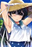  1girl armpits arms_up black_hair blush bow breasts brown_hair commentary_request hat hat_bow kantai_collection large_breasts looking_at_viewer ocean open_mouth school_uniform serafuku solo straw_hat sumeragi_hamao swimsuit tree ushio_(kantai_collection) 