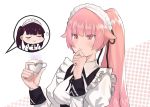  2girls alternate_hairstyle breasts cero_(last2stage) closed_eyes commentary_request cup girls_frontline long_hair maid maid_headdress multiple_girls ntw-20_(girls_frontline) pink_eyes pink_hair ponytail purple_hair teacup thinking wa2000_(girls_frontline) 