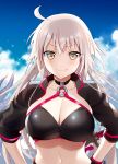  1girl ahoge bikini black_bikini_top black_jacket blue_sky blush breasts choker cleavage clouds collarbone fate/grand_order fate_(series) hand_on_hip highres jacket jeanne_d&#039;arc_(alter_swimsuit_berserker) jeanne_d&#039;arc_(fate)_(all) katana large_breasts long_hair looking_at_viewer murakami_yuichi o-ring ocean sky smile sparkle swimsuit sword tentacle very_long_hair weapon yellow_eyes 