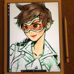  1girl brown_hair carpet closed_mouth collared_jacket commentary english_commentary goggles highres ipad jacket lips lipstick looking_to_the_side makeup orange_goggles overwatch partially_colored photo portrait red_lipstick short_hair solo sooyun_choi spiky_hair stylus tablet_pc tracer_(overwatch) 