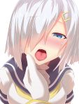  1girl absurdres blue_eyes blush breasts chin_grab commentary_request eyebrows_visible_through_hair eyes_visible_through_hair hair_ornament hair_over_one_eye hairclip hamakaze_(kantai_collection) hand_on_another&#039;s_chin highres kantai_collection large_breasts looking_at_viewer open_mouth school_uniform serafuku short_hair short_sleeves silver_hair twinameless yellow_neckwear 