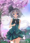  1girl :3 bangs black_bow black_hairband black_ribbon blue_eyes blue_sky blush bow breasts closed_mouth clouds cloudy_sky collared_shirt commentary_request day eyebrows_visible_through_hair flower green_skirt green_vest hair_between_eyes hair_ribbon hairband hand_up highres konpaku_youmu konpaku_youmu_(ghost) looking_at_viewer outdoors pink_flower pleated_skirt ribbon ryogo shirt short_hair silver_hair skirt sky sleeveless sleeveless_shirt small_breasts solid_circle_eyes solo standing touhou tree vest white_shirt 