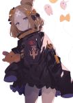  1girl abigail_williams_(fate/grand_order) absurdres arutera bangs black_bow black_jacket blonde_hair blue_eyes bow closed_mouth commentary_request crossed_bandaids fate_(series) frilled_skirt frills hair_bow hair_bun highres holding holding_stuffed_animal jacket legs_apart long_sleeves looking_at_viewer medjed orange_bow parted_bangs polka_dot polka_dot_bow simple_background skirt sleeves_past_wrists standing stuffed_animal stuffed_toy teddy_bear white_background 