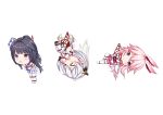  &gt;_&lt; 3girls 495136293 bdsm benghuai_xueyuan black_hair bondage bound chibi eyebrows_visible_through_hair flower hair_flower hair_ornament honkai_impact multiple_girls pink_hair raiden_mei restrained rope shibari shibari_over_clothes smile suspension theresa_apocalypse tied_up white_hair yae_sakura_(benghuai_xueyuan) 