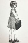 1girl absurdres bangs blush bow bowtie briefcase closed_mouth full_body highres holding loafers long_sleeves looking_at_viewer mashimashi monochrome original pleated_skirt school_uniform shoes short_hair skirt socks solo standing traditional_media 