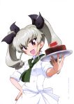  1girl :d absurdres anchovy apron black_bow bow cake copyright_name eyebrows_visible_through_hair food girls_und_panzer hair_between_eyes hair_bow hand_on_hip head_tilt highres long_hair official_art open_mouth page_number red_eyes shiny shiny_hair silver_hair simple_background smile solo standing twintails upper_body white_apron white_background yoshida_nobuyoshi 