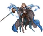  1girl armor belt belt_buckle boots breasts brown_eyes brown_hair buckle cape full_body gauntlets gloves granblue_fantasy grey_footwear holding holding_weapon katalina_aryze knee_boots long_hair looking_at_viewer minaba_hideo official_art pauldrons ribbon sheath shoulder_armor shoulder_pads simple_background solo standing sword transparent_background weapon 