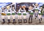  6+girls :d ;) ;d absurdres anchovy arms_up black_bow black_hair black_legwear black_neckwear blonde_hair blue_legwear blue_sky bow brown_eyes brown_footwear copyright_name darjeeling day drill_hair eyebrows_visible_through_hair girls_und_panzer grin hair_between_eyes hair_bow hand_in_hair hand_on_another&#039;s_shoulder hat head_tilt highres holding holding_instrument index_finger_raised instrument katyusha kay_(girls_und_panzer) kneehighs loafers long_hair looking_at_viewer mika_(girls_und_panzer) miniskirt multiple_girls nishi_kinuyo nishizumi_maho nishizumi_miho official_art one_eye_closed ooarai_school_uniform open_mouth outdoors page_number pleated_skirt shiny shiny_hair shirt shoes short_hair silver_hair skirt sky smile thigh-highs twin_drills twintails very_long_hair w white_hat white_shirt yoshida_nobuyoshi zettai_ryouiki 