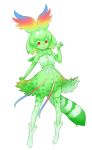  1girl :d animal_ears boots bow bowtie cerval elbow_gloves eyebrows_visible_through_hair full_body gloves green_hair green_skin hand_up high-waist_skirt ise_(0425) kemono_friends looking_at_viewer open_mouth paw_pose red_eyes serval_tail short_hair simple_background skirt smile solo standing tail thigh-highs white_background 