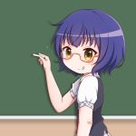  1girl :q arm_up bandaid bandaid_on_elbow bangs black_vest blue_hair blush brown_eyes chalk chalkboard closed_mouth collared_shirt commentary_request eyebrows_visible_through_hair glasses gochuumon_wa_usagi_desu_ka? goth_risuto holding indoors jouga_maya looking_at_viewer looking_to_the_side orange-framed_eyewear plaid_neckwear puffy_short_sleeves puffy_sleeves semi-rimless_eyewear shirt short_hair short_sleeves smile solo tongue tongue_out under-rim_eyewear v-shaped_eyebrows vest white_shirt 