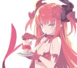 1girl bikini blade_(galaxist) blue_eyes blush bow bowtie breasts commentary_request cupcake eating elizabeth_bathory_(fate) elizabeth_bathory_(fate)_(all) eyebrows_visible_through_hair fate/grand_order fate_(series) flower food fork frilled_bikini frilled_gloves frills gloves hair_flower hair_ornament hair_ribbon horns long_hair looking_at_viewer pink_hair plate pointy_ears ribbon simple_background small_breasts solo swimsuit tail two_side_up upper_body white_background 