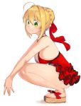  1girl ahoge bare_legs blonde_hair braid breasts cleavage crown_braid dress fate/extra fate_(series) fingers_together from_side green_eyes hair_bun hair_intakes hair_ribbon highres kei_(soundcross) large_breasts nero_claudius_(fate)_(all) own_hands_together red_dress ribbon sandals short_dress short_hair sideboob simple_background smile solo squatting white_background 
