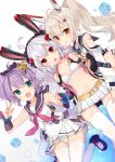  3girls :d ahoge animal_ears ayanami_(azur_lane) azur_lane bandaid_on_arm bangs bare_shoulders bikini_top black_hairband blue_sailor_collar breasts bridal_gauntlets collarbone commentary_request crown cube detached_sleeves dress dutch_angle eyebrows_visible_through_hair fang fingernails green_eyes hair_between_eyes hair_ornament hair_ribbon hairband hairclip hand_holding headgear high_heels highres interlocked_fingers jacket javelin_(azur_lane) laffey_(azur_lane) light_brown_hair long_hair long_sleeves mini_crown multiple_girls navel neckerchief open_clothes open_jacket open_mouth orqz panties parted_lips pink_jacket pink_neckwear pleated_skirt ponytail purple_footwear purple_hair purple_ribbon purple_sailor_collar rabbit_ears red_eyes remodel_(azur_lane) ribbon round_teeth sailor_collar school_uniform serafuku shirt shoes silver_hair skirt sleeveless sleeveless_jacket sleeveless_shirt sleeves_past_wrists small_breasts smile teeth thigh-highs twintails underwear upper_teeth v very_long_hair white_bikini_top white_dress white_legwear white_panties white_shirt white_skirt 