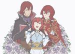  1boy 2girls armor blush brother_and_sister cape closed_eyes fire_emblem fire_emblem:_mystery_of_the_emblem flower gloves headband ika_tko long_hair maria_(fire_emblem) minerva_(fire_emblem) misheil_(fire_emblem) multiple_girls open_mouth red_armor red_eyes redhead short_hair siblings simple_background sisters smile 