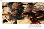  2girls ahoge arm_guards blonde_hair bow breasts dark_skin duel fate/grand_order fate_(series) hair_bow hair_ornament hand_up highres holding holding_sword holding_weapon japanese_clothes kito_(kito2) long_sleeves multiple_girls okita_souji_(alter)_(fate) okita_souji_(fate)_(all) open_mouth sword thigh-highs translation_request under_boob weapon wide_sleeves yellow_eyes 