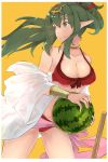  1girl bikini breasts chiki fire_emblem fire_emblem:_kakusei fire_emblem:_mystery_of_the_emblem fire_emblem_heroes food fruit green_eyes green_hair hair_ornament highres long_hair mamkute navel older open_mouth pointy_ears ponytail siegzeonu smile solo swimsuit watermelon 