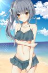  1girl absurdres bangs bare_arms bare_shoulders beach bikini blue_sky blush breasts brown_eyes cleavage closed_mouth clouds collarbone commentary_request day eyebrows_visible_through_hair green_bikini grey_ribbon groin hair_between_eyes hair_ribbon highres horizon kantai_collection kasumi_(kantai_collection) long_hair looking_away looking_to_the_side medium_breasts navel ocean outdoors ribbon sand side_ponytail sidelocks sky solo standing swimsuit translated uzuki_tsukuyo very_long_hair water 