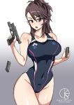  1girl amaretto_(girls_und_panzer) black_swimsuit breasts brown_eyes brown_hair competition_swimsuit covered_navel cowboy_shot girls_und_panzer glock gradient gradient_background grey_background gun handgun large_breasts long_hair looking_at_viewer magazine_(weapon) mordeth one-piece_swimsuit shell_casing solo swimsuit weapon 