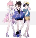  3girls alternate_costume animal_hat aqua_shirt asobi_asobase baseball_cap bear_hat belt black_eyes black_hair black_skirt blonde_hair blue_eyes blue_hoodie blush braid brown_eyes brown_hair brown_hat bunny_hat captain_yue cat_hat dress full_body hair_between_eyes hands_in_pockets hat honda_hanako long_hair looking_at_another low_twintails multiple_girls nomura_kasumi olivia_(asobi_asobase) pink_hat pleated_skirt shirt shoes short_hair shorts single_braid skirt sneakers standing striped t-shirt twintails twitter_username vertical-striped_dress vertical_stripes yellow_shorts 