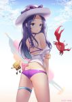  1girl ass bare_shoulders bikini black_hair blue_eyes blush bow butt_crack caitlyn_(league_of_legends) crab flat_ass from_behind hat highres league_of_legends lee_seok_ho looking_at_viewer looking_back nail_polish off_shoulder patrick_star pool_party_caitlyn purple_bikini purple_nails solo spongebob_squarepants spongebob_squarepants_(character) sun_hat sunglasses swimsuit tan tanline water_gun 