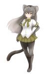  1girl :&lt; animal_ears boots bow bowtie cat_ears cat_tail cross-laced_footwear elbow_gloves extra_ears frown full_body gloves green_neckwear green_skirt grey_gloves grey_legwear hand_on_hip ise_(0425) jaguarundi_(kemono_friends) kemono_friends knee_boots long_hair pantyhose pleated_skirt short_sleeves simple_background skirt solo tail white_background yellow_eyes 