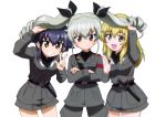  3girls ;d absurdres anchovy anzio_military_uniform armband belt black_bow black_shirt blonde_hair blue_hair blush bow braid brown_eyes carpaccio cowboy_shot crossed_arms dress_shirt drill_hair eyebrows_visible_through_hair girls_und_panzer green_eyes grey_jacket grey_pants grey_skirt grin hair_between_eyes hair_bow highres holding_another&#039;s_hair jacket leaning_forward long_hair looking_at_viewer military military_uniform miniskirt multiple_girls official_art one_eye_closed open_mouth pants pepperoni_(girls_und_panzer) red_eyes shiny shiny_hair shirt short_hair_with_long_locks sidelocks silver_hair simple_background single_braid skirt smile standing twin_drills twintails uniform w white_background yoshida_nobuyoshi 