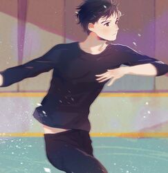  1boy black_eyes black_hair black_pants black_shirt blurry depth_of_field expressionless ice katsuki_yuuri long_sleeves looking_away male_focus outstretched_arms pants shirt short_hair skating tadano53 upper_body yuri!!!_on_ice 