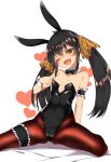  1girl animal_ears animal_print bare_shoulders black_hair bow bowtie breasts bunny_girl bunnysuit commentary_request detached_collar fake_animal_ears frilled_armband gokubuto_mayuge heart idolmaster idolmaster_cinderella_girls leopard_print leotard long_hair matoba_risa one_eye_closed open_mouth pantyhose print_ribbon rabbit_ears ribbon simple_background small_breasts solo strapless strapless_leotard thigh_strap twintails wrist_cuffs 